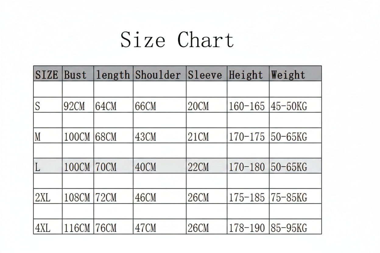 Size chart for clothing measurements on a white background