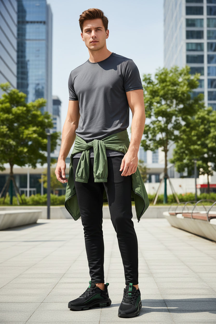 Black and green athletic shoes on a reflective surface with a neutral background