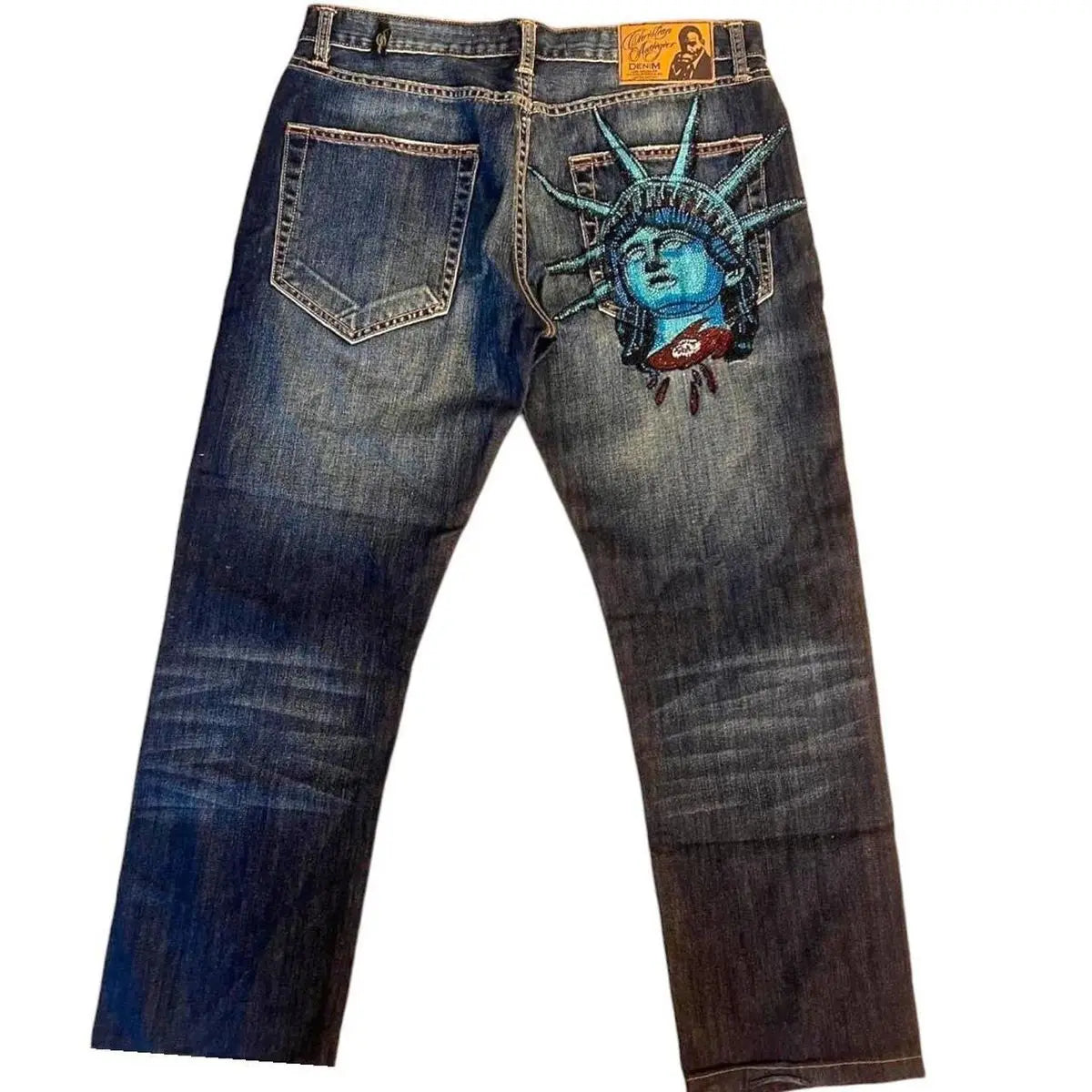 High Waist Wide Leg Denim Jeans with Statue of Liberty Diamond
