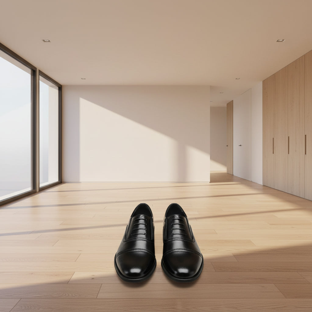 Black dress shoes on a white surface with a blue bow tie and pen.