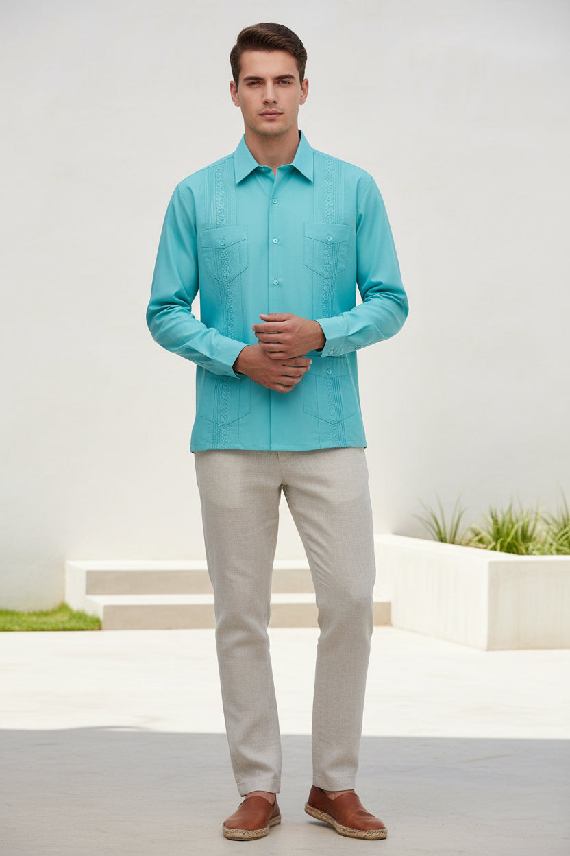 Light blue shirt with decorative patterns on a white background