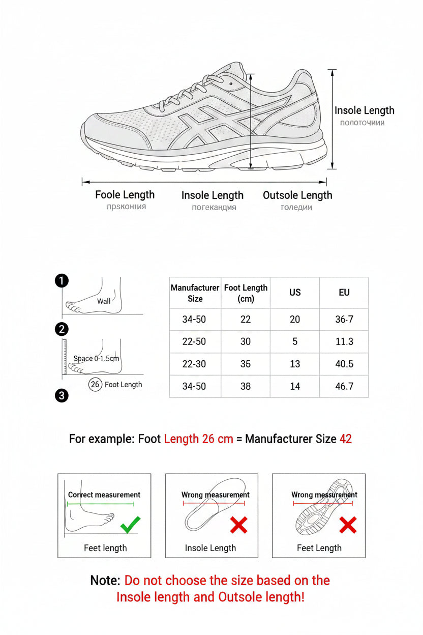 Instructions for measuring foot length and shoe size with diagrams and text.