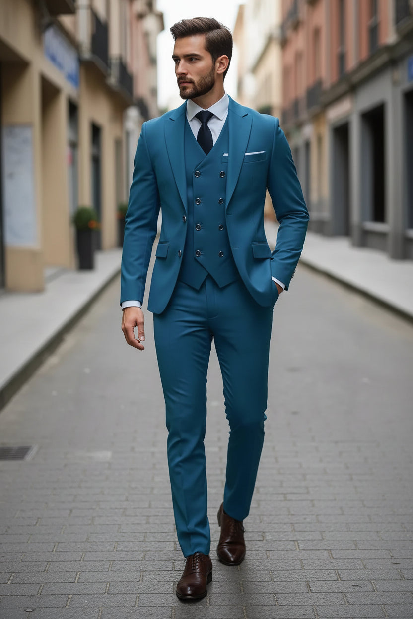 Man wearing a blue suit walking down a city street.