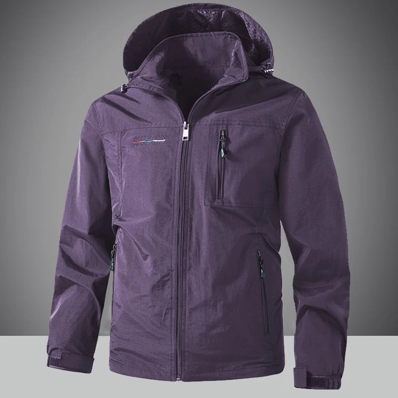Mens Waterproof Jacket Outdood Hiking Cycling Hooded Windbreaker Multi-Pocket Camping Sportswear Windproof Workwear Coat for Men