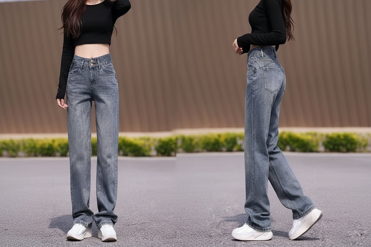 Person wearing high-waisted blue jeans and white sneakers on a blurred outdoor background