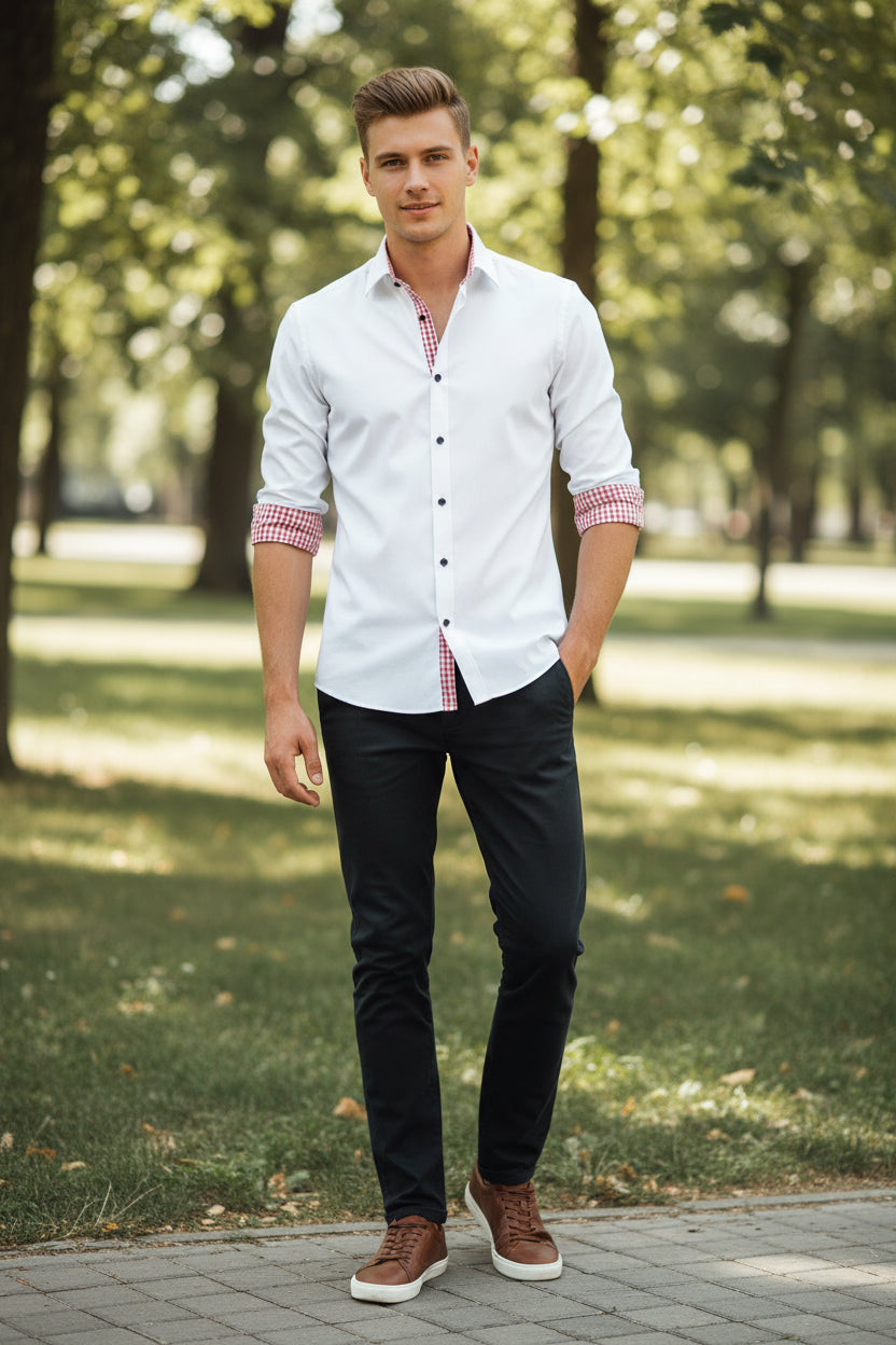 White dress shirt with a red and white checkered collar on a white background