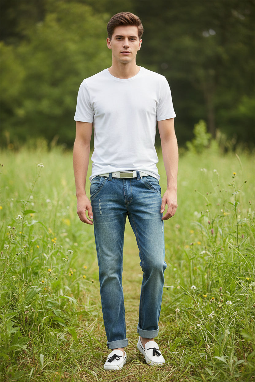 Pair of blue jeans displayed with and without a person wearing them.