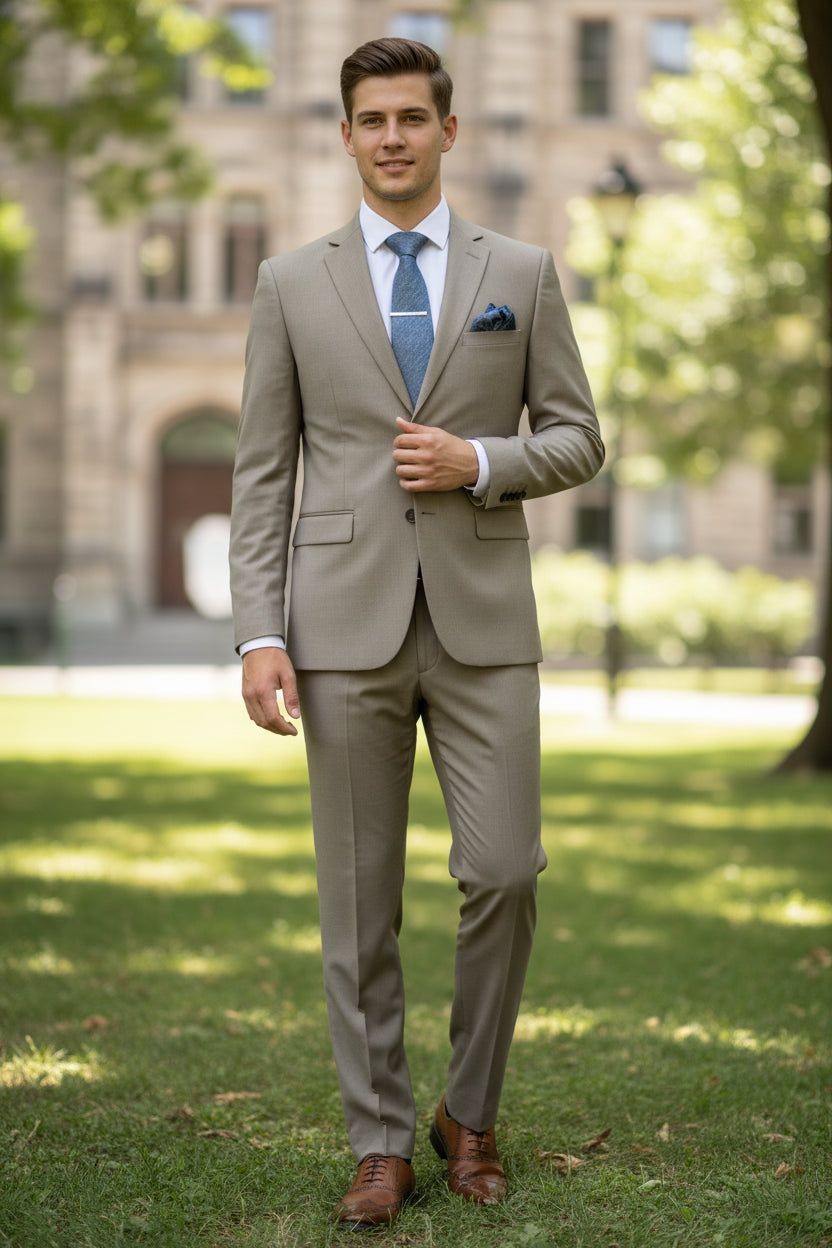 Gray suit with brown shoes on a mannequin against a light blue background