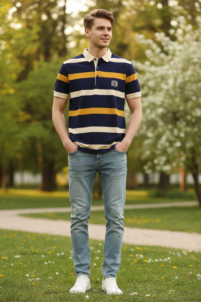 Navy blue polo shirt with white and yellow stripes on a gray background