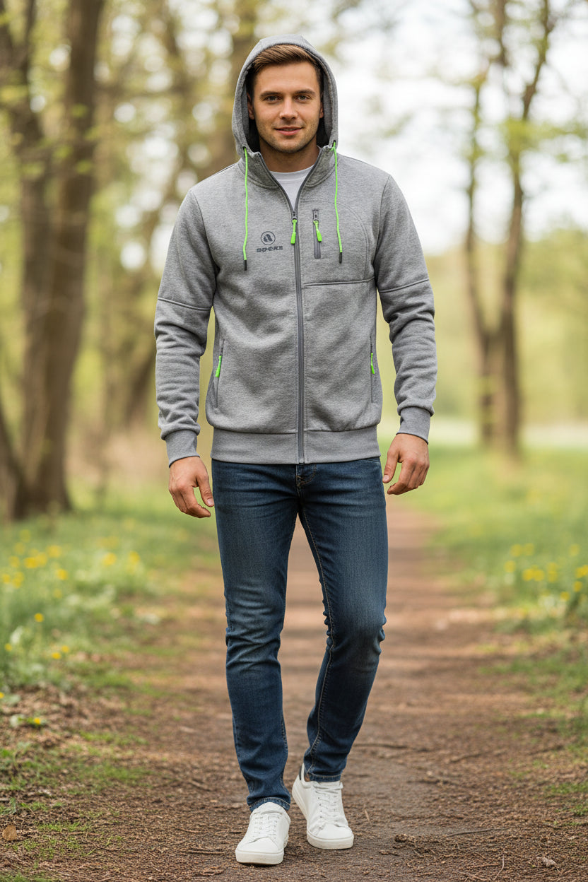 Gray hoodie with green zippers and Apeks logo on front and back