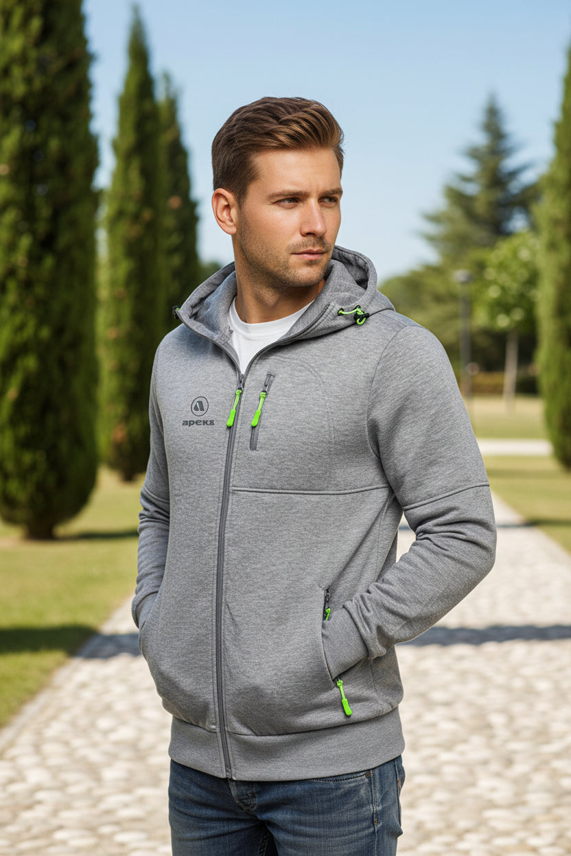 Gray hoodie with green zippers and Apeks logo on front and back