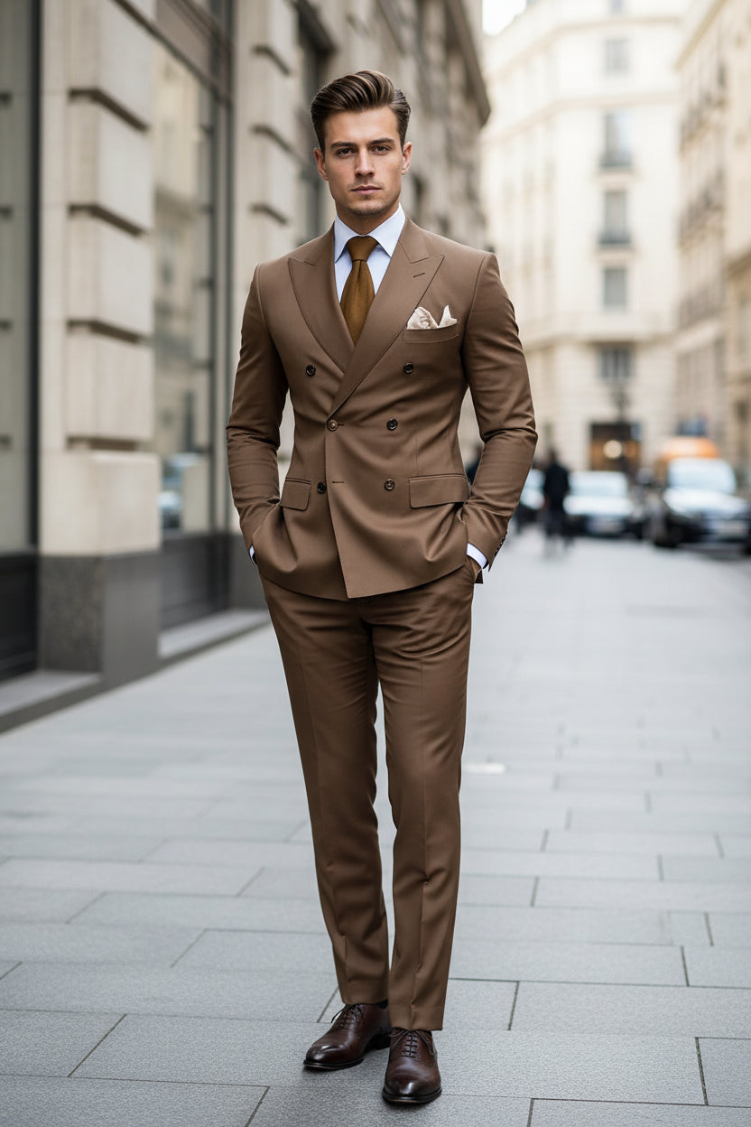 Brown suit with a tie and pocket square on a dark background
