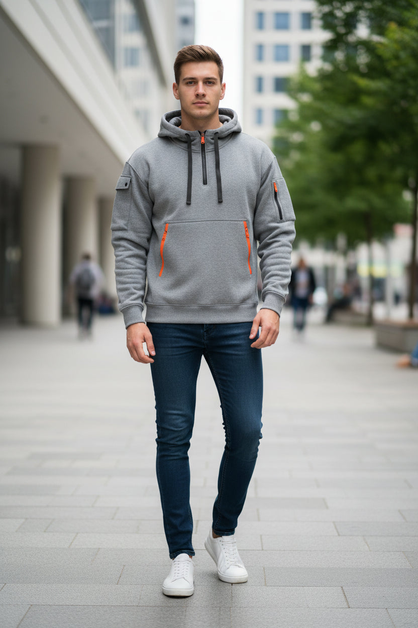 Gray hoodie with BMW Motorrad logos on a white background