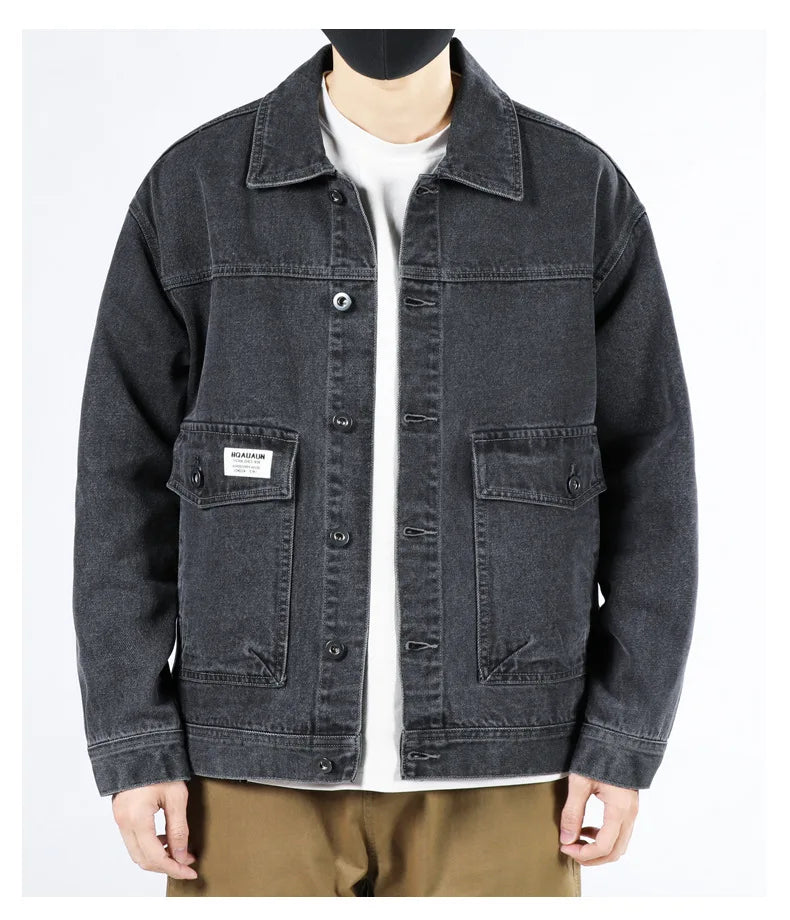 Spring and Autumn 2025 new men's loose and trendy denim jackets, pure cotton men's fashionable workwear jackets size S-4XL