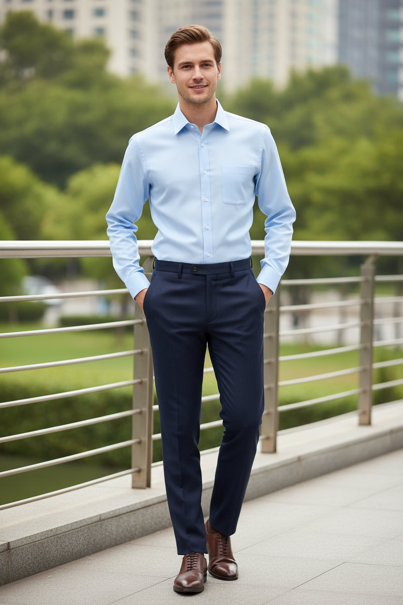 Light blue dress shirt with a collar and buttons on a white background