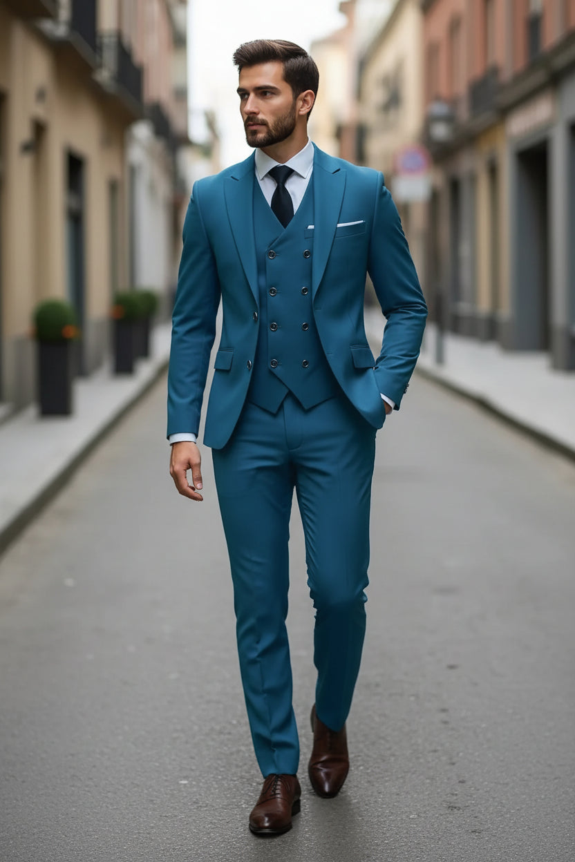 Man wearing a blue suit with a tie on a city street