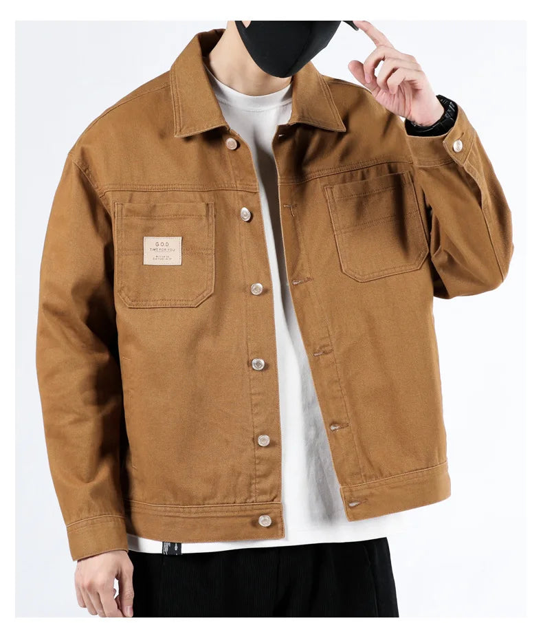 Spring and Autumn 2025 new men's loose and trendy denim jackets, pure cotton men's fashionable workwear jackets size S-4XL