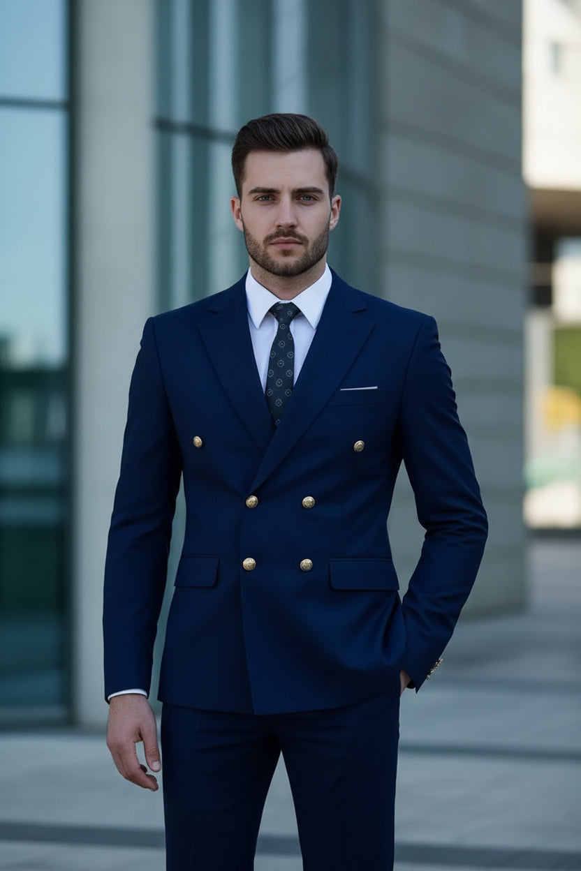 Man wearing a blue suit with gold buttons against a blurred background