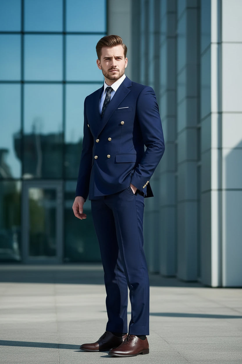 Man wearing a blue suit with gold buttons against a blurred background