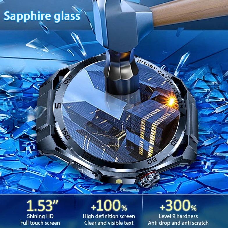 Smartwatch with sapphire glass being tested by a hammer, surrounded by shattered glass.