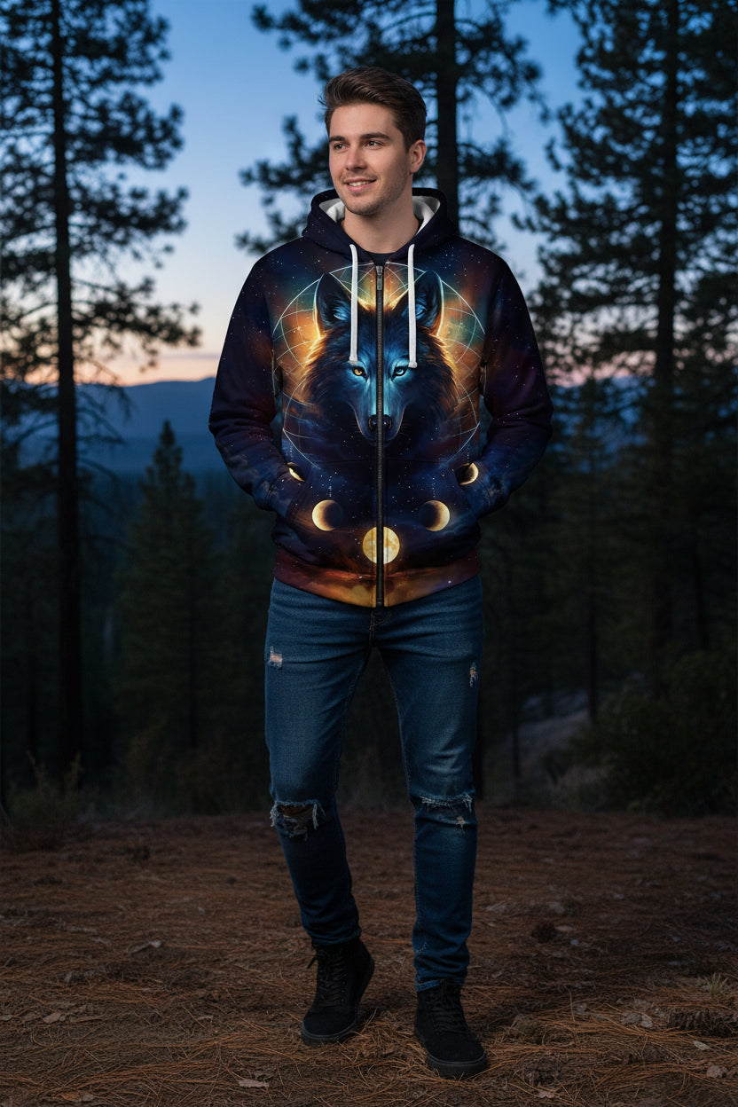 Hoodie with a wolf design and celestial elements on a white background