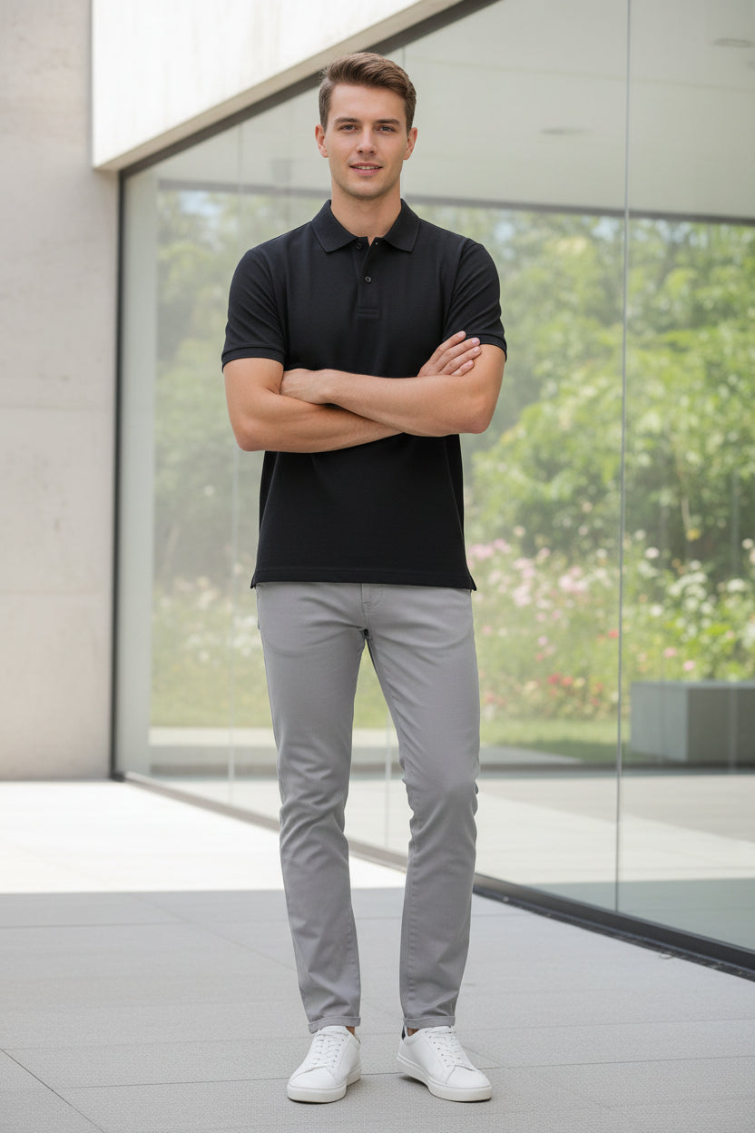Black polo shirt on a hanger with a hand touching the fabric
