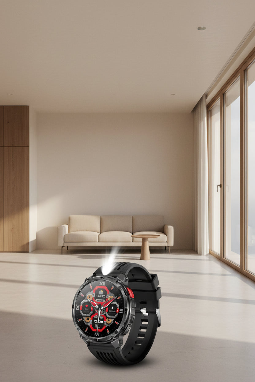 Smartwatch with black and red design on a mountainous background