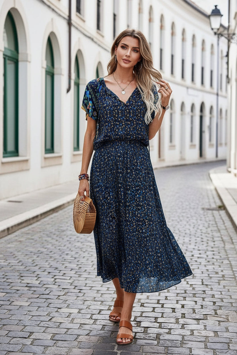 Summer Floral Print V-Neck Blouse for Women - Short Sleeve Boho Casual Beach Top