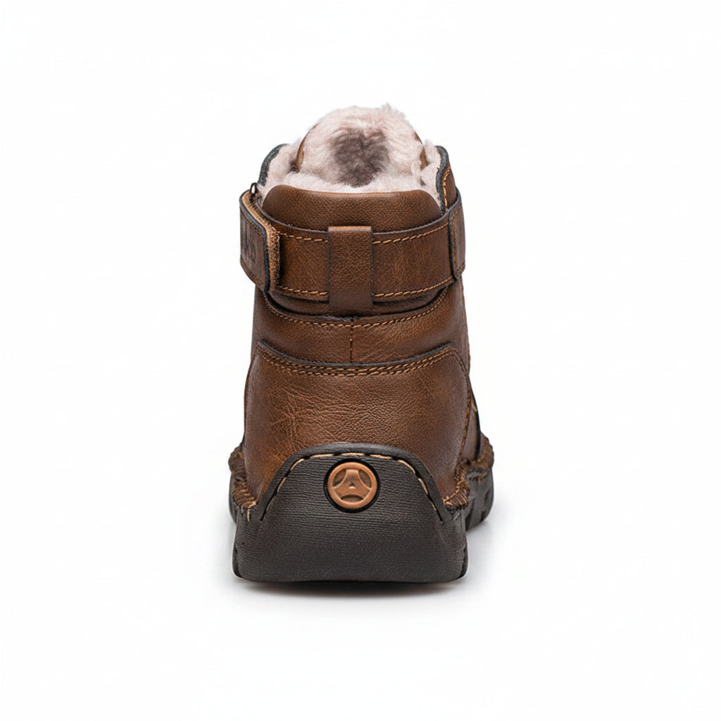 Brown children's boot with fur lining on a white background