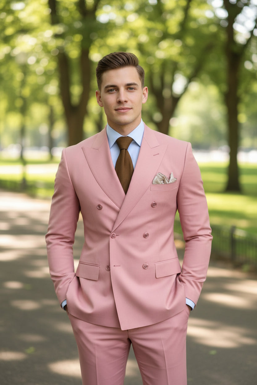 Pink suit with a brown tie and white shirt on a black background