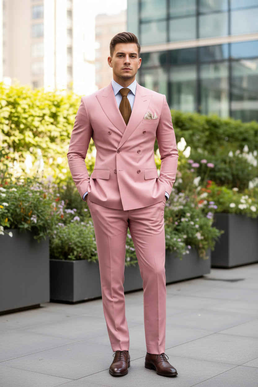Pink suit with a brown tie and white shirt on a black background