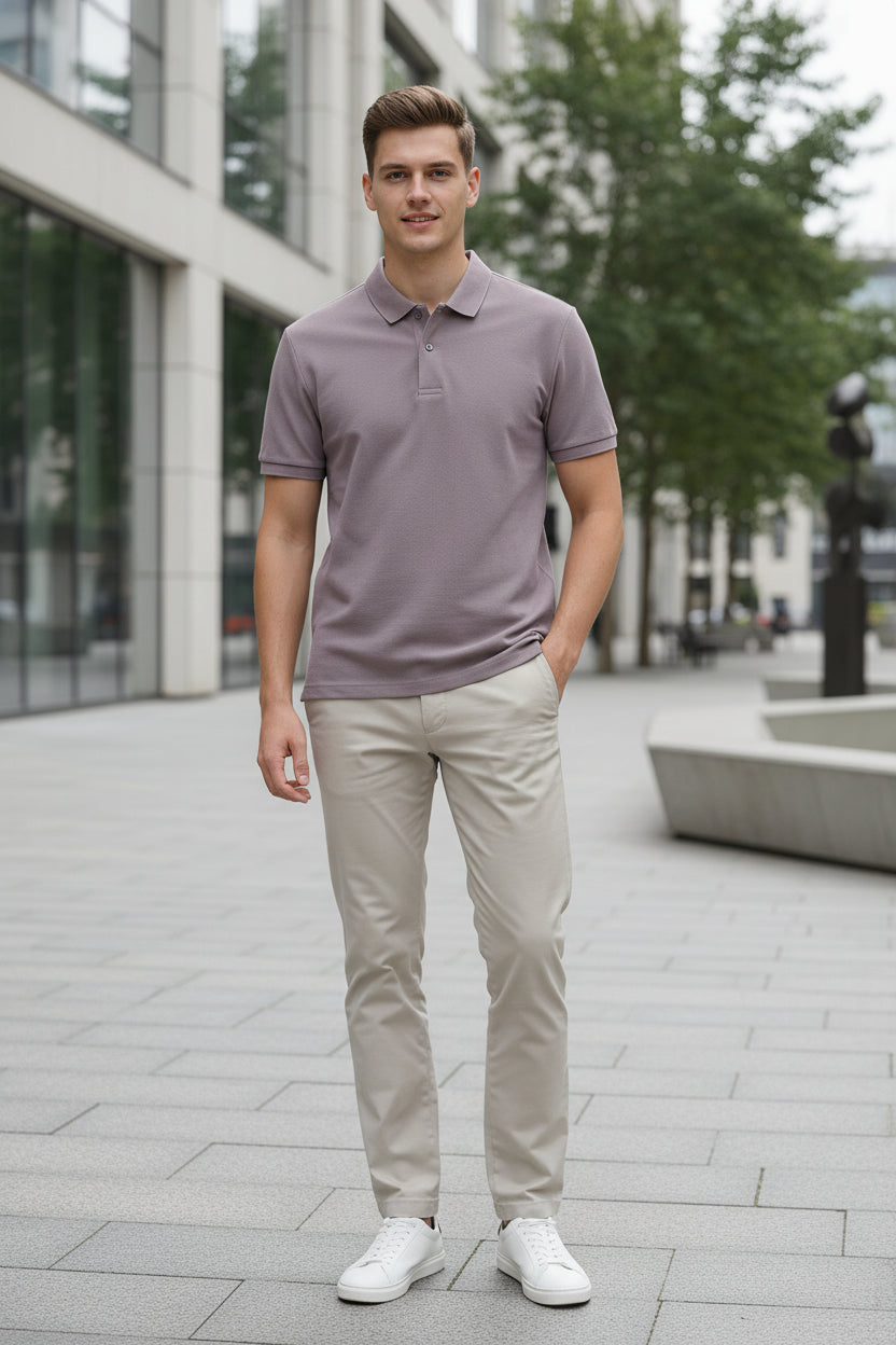 Purple polo shirt on a hanger with a hand holding it, against a blurred clothing store background.