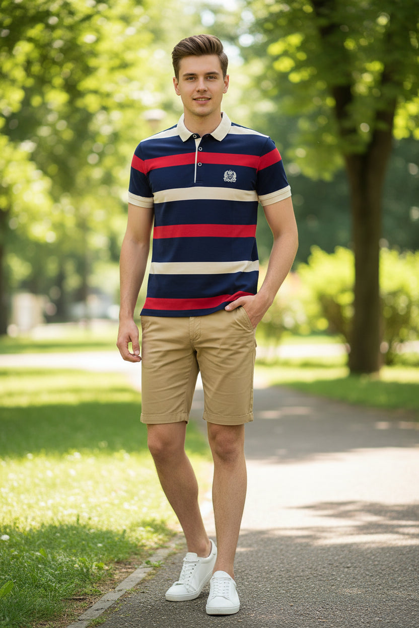 Navy, red, and beige striped polo shirt with a logo on a white background