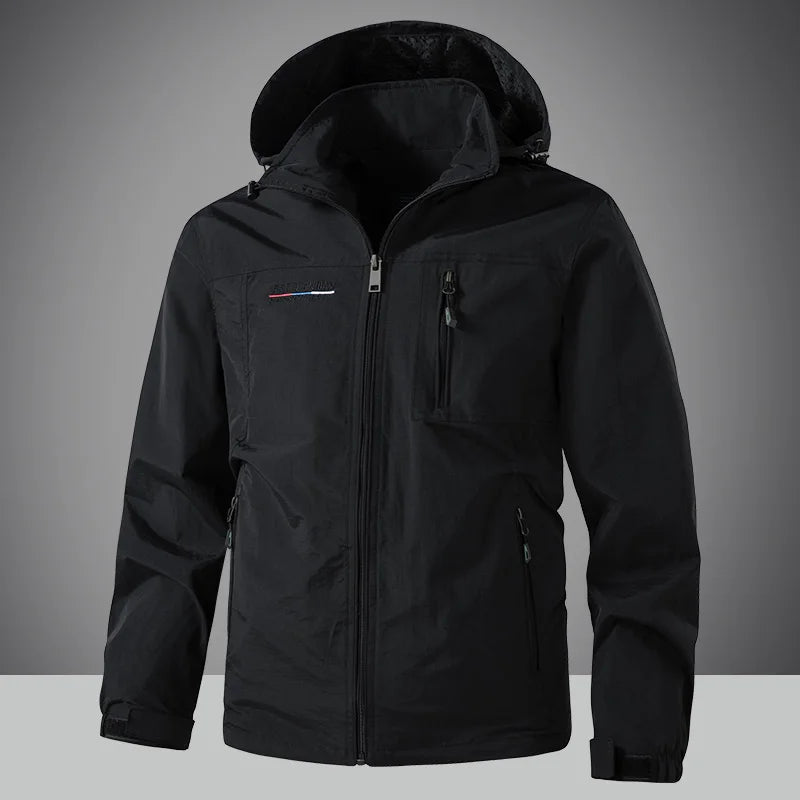 Mens Waterproof Jacket Outdood Hiking Cycling Hooded Windbreaker Multi-Pocket Camping Sportswear Windproof Workwear Coat for Men