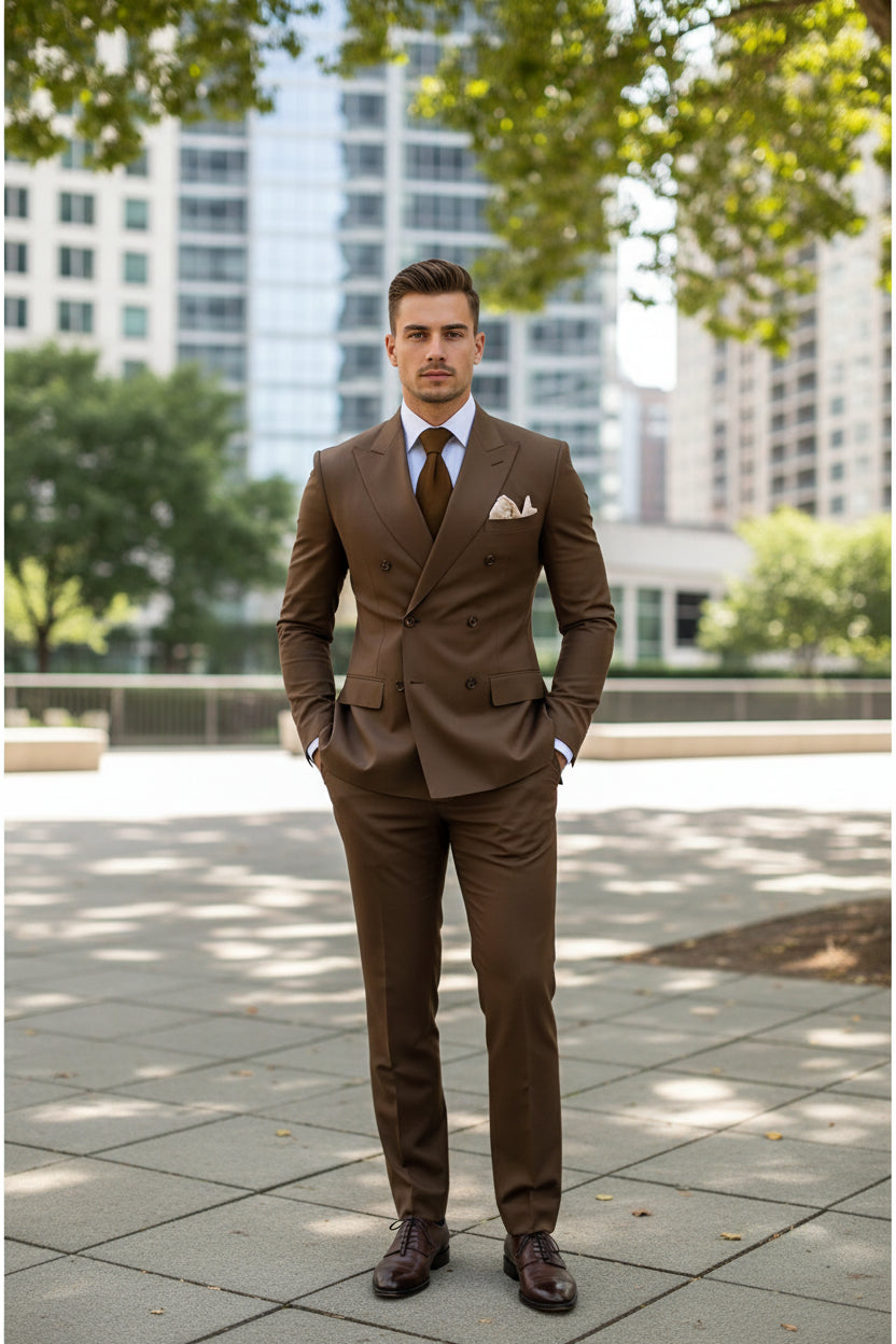 Brown suit with a tie and pocket square on a dark background
