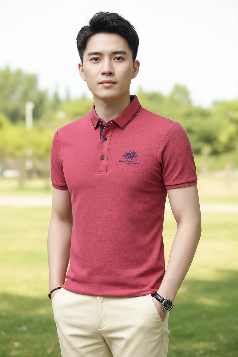 Red polo shirt with a brand logo on a gray background