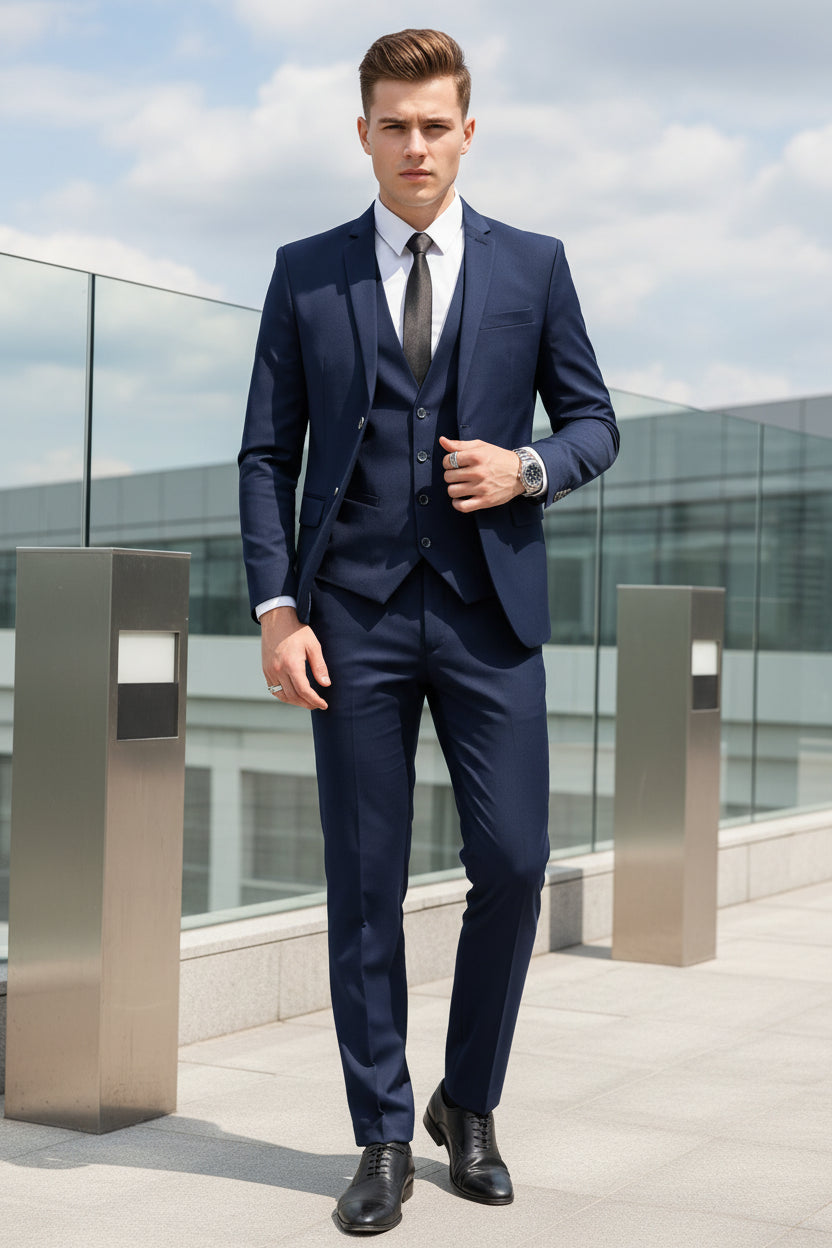 Man wearing a navy blue suit with a white shirt and black tie, standing against a modern architectural background.