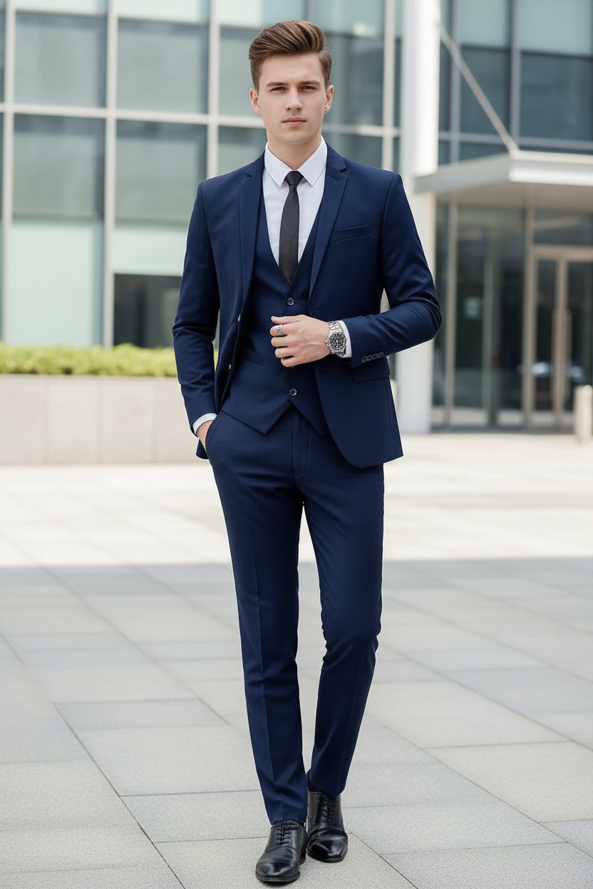 Man wearing a navy blue suit with a white shirt and black tie, standing against a modern architectural background.