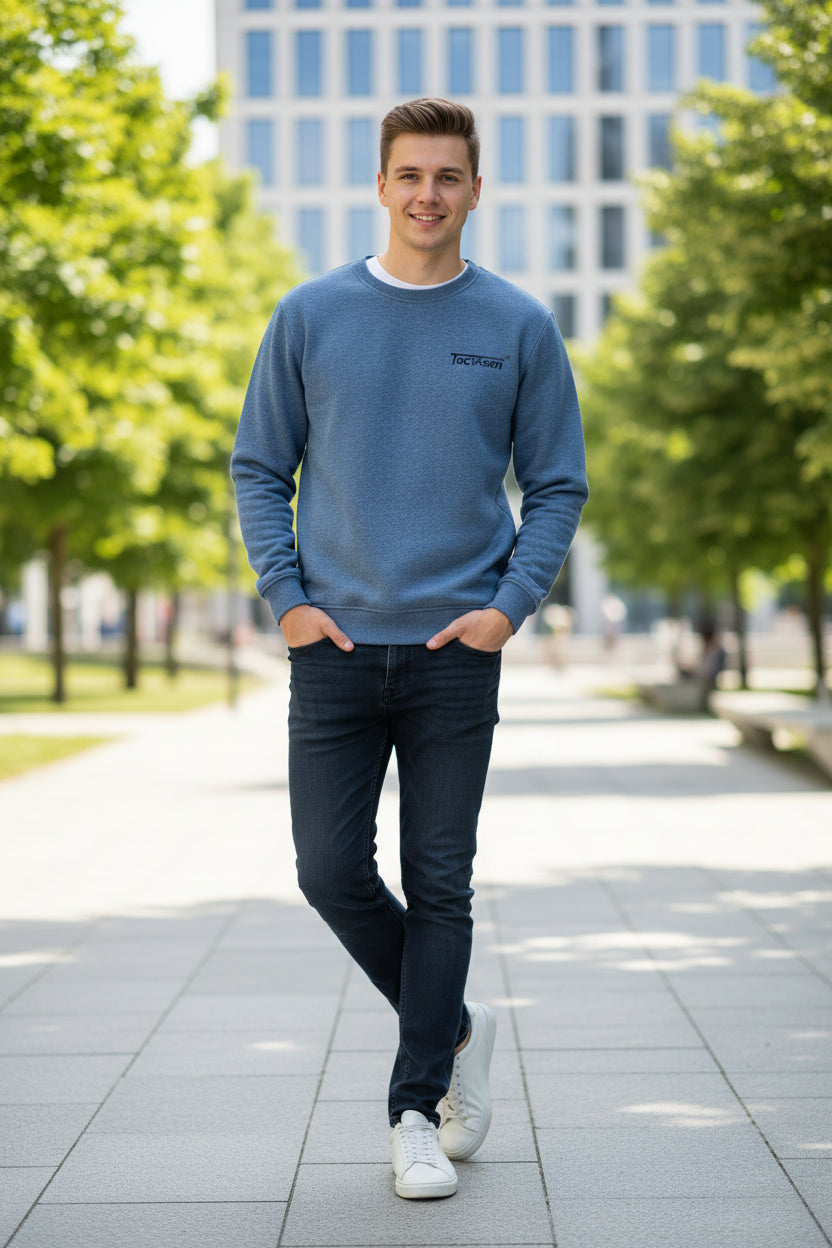Blue sweatshirt with TacVasen branding on a white background
