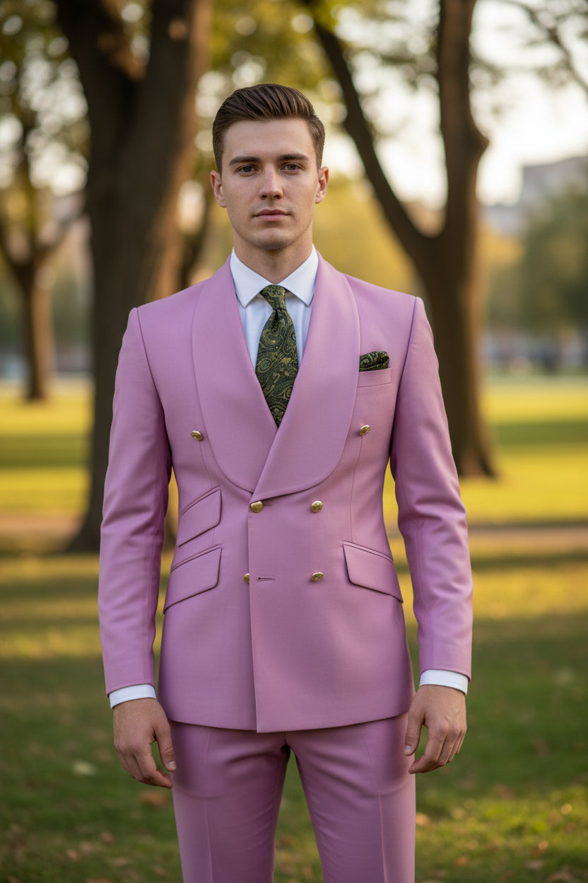 Pink suit with matching jacket and pants on a mannequin against a white background