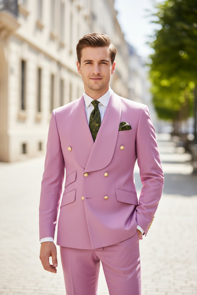 Pink suit with matching jacket and pants on a mannequin against a white background