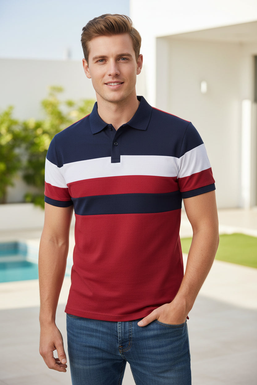 Polo shirt with red, white, and navy stripes on a white background