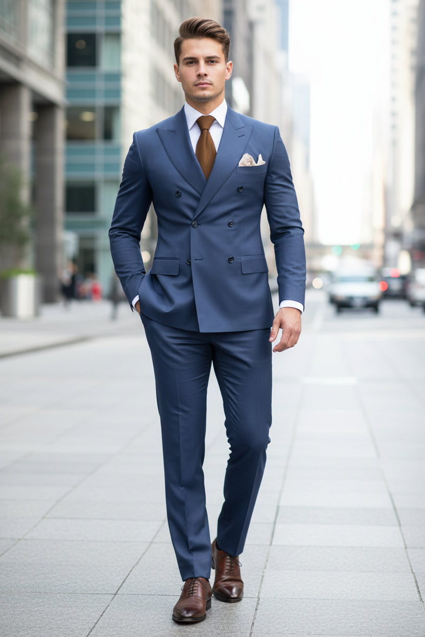 Blue suit with a brown tie and pocket square, featuring 'Customize Mens Tuxe Store' text.