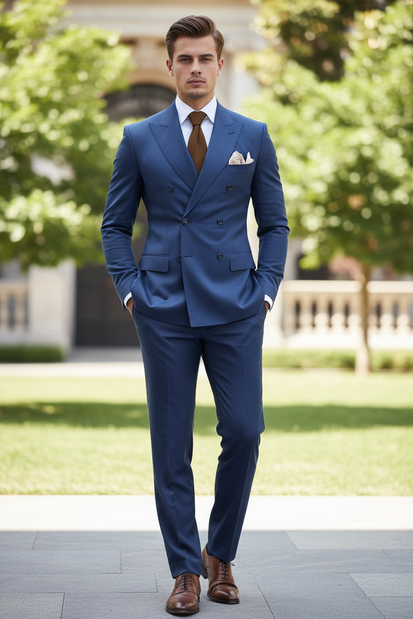Blue suit with a brown tie and pocket square, featuring 'Customize Mens Tuxe Store' text.
