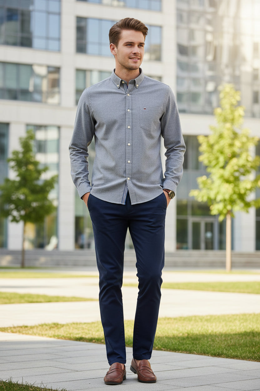 Folded gray shirt with brand logo on a white background