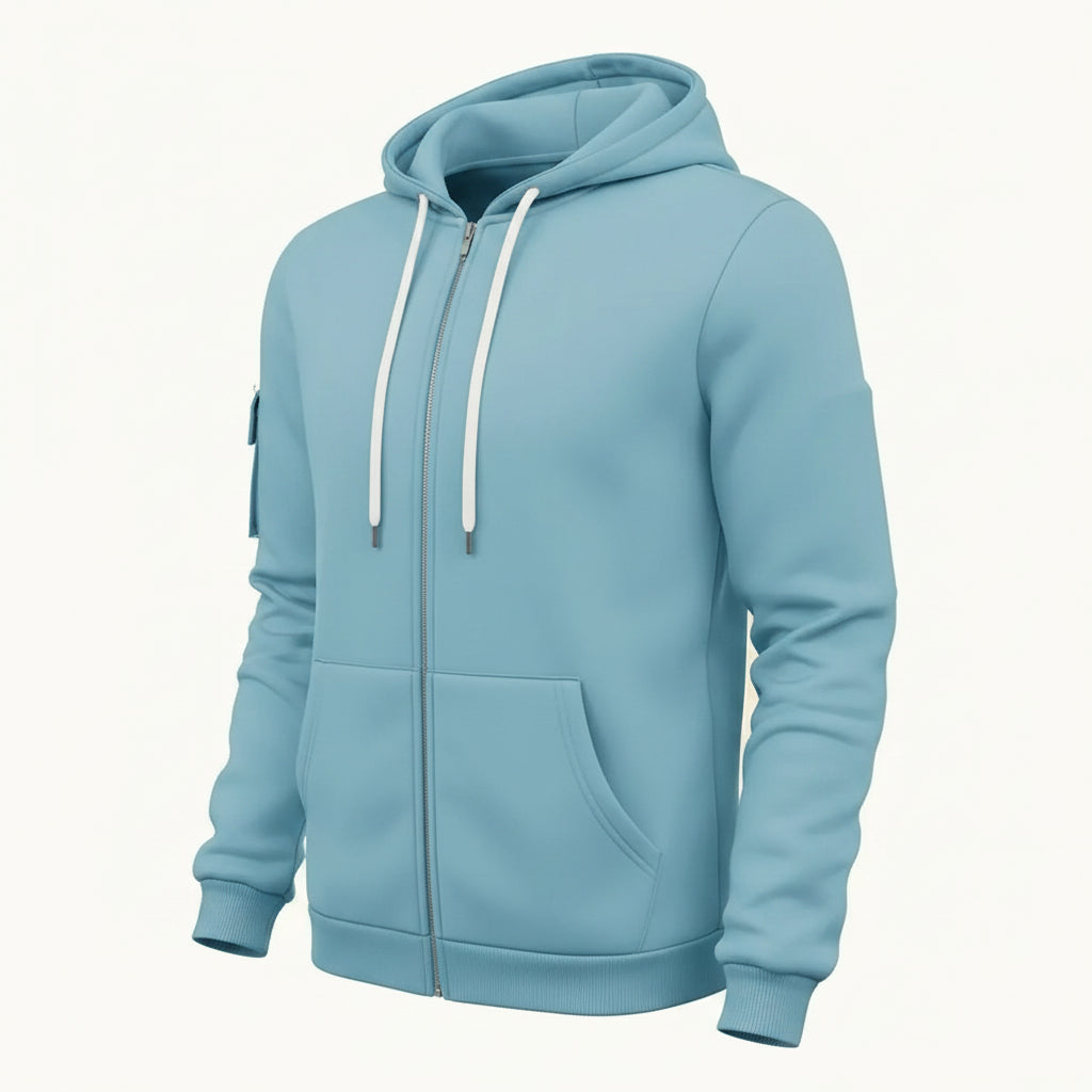Light blue hoodie shown from the back on a white background