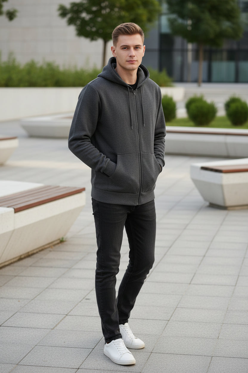 Gray hoodie with a brand label on a light gray background