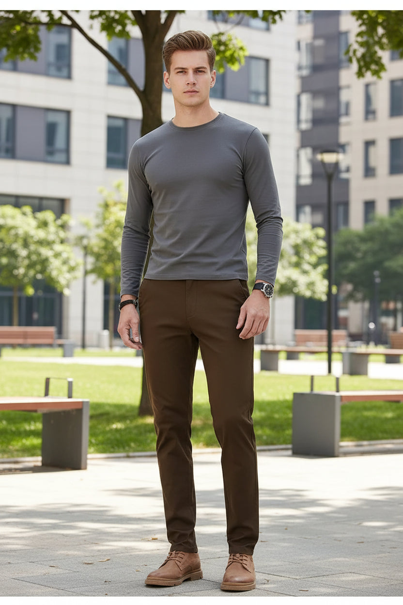 Brown pants worn by a person on a gray background