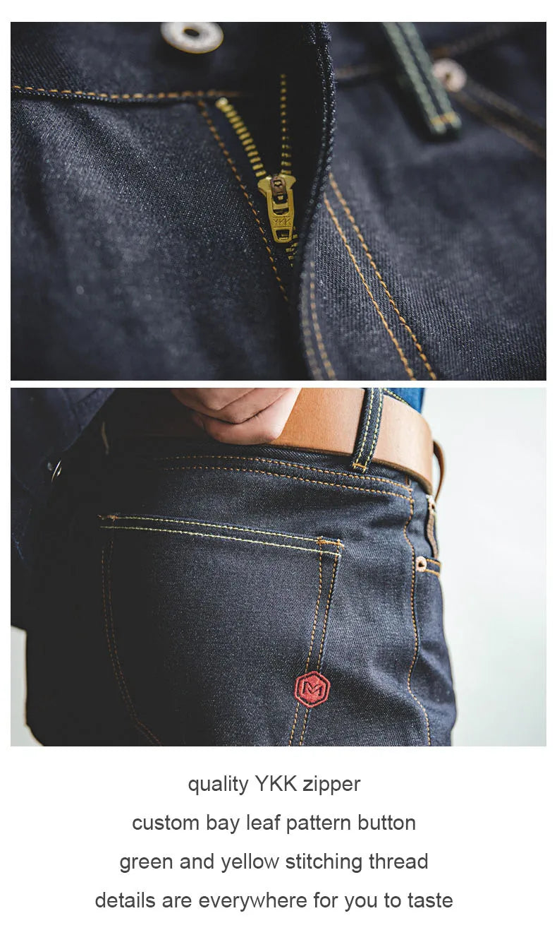 Close-up of dark blue jeans with YKK zipper and stitching details.