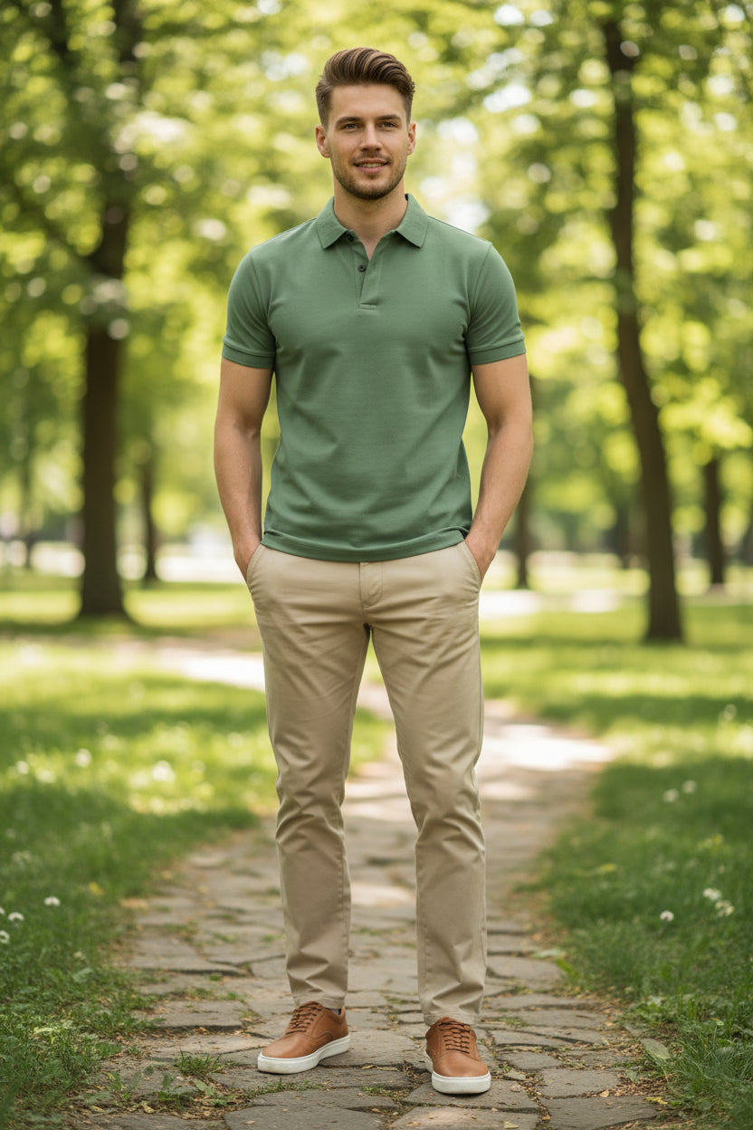 Man wearing a green polo shirt on a white background